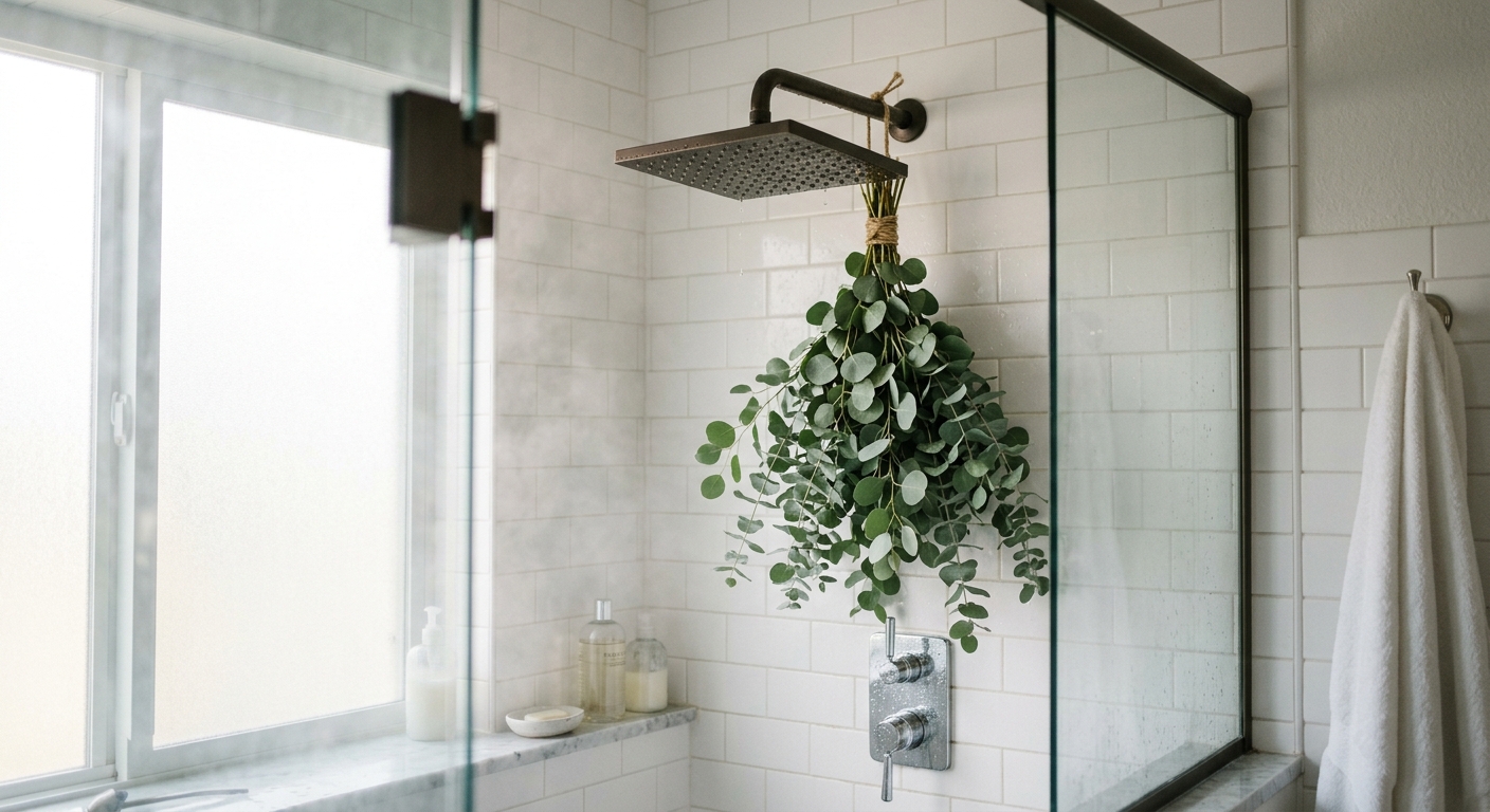 Eucalyptus hanging in a beautiful bathroom